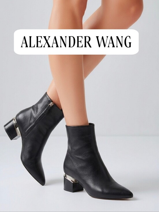Alexander Wang Shoes - Alexander Wang Black Leather Pointed Ankle Boots w Lifted Silver Heel Accent 8